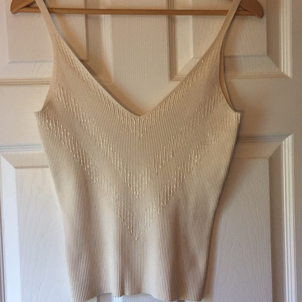 Champagne color v-neck lightly beaded knit top
